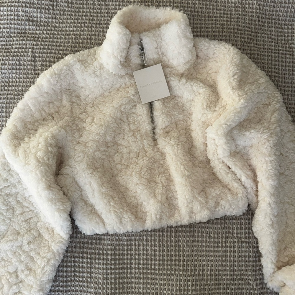 NWT NAKED WARDROBE SHERPA QUARTER-ZIP CROPPED SWEATER - Picture 5 of 9